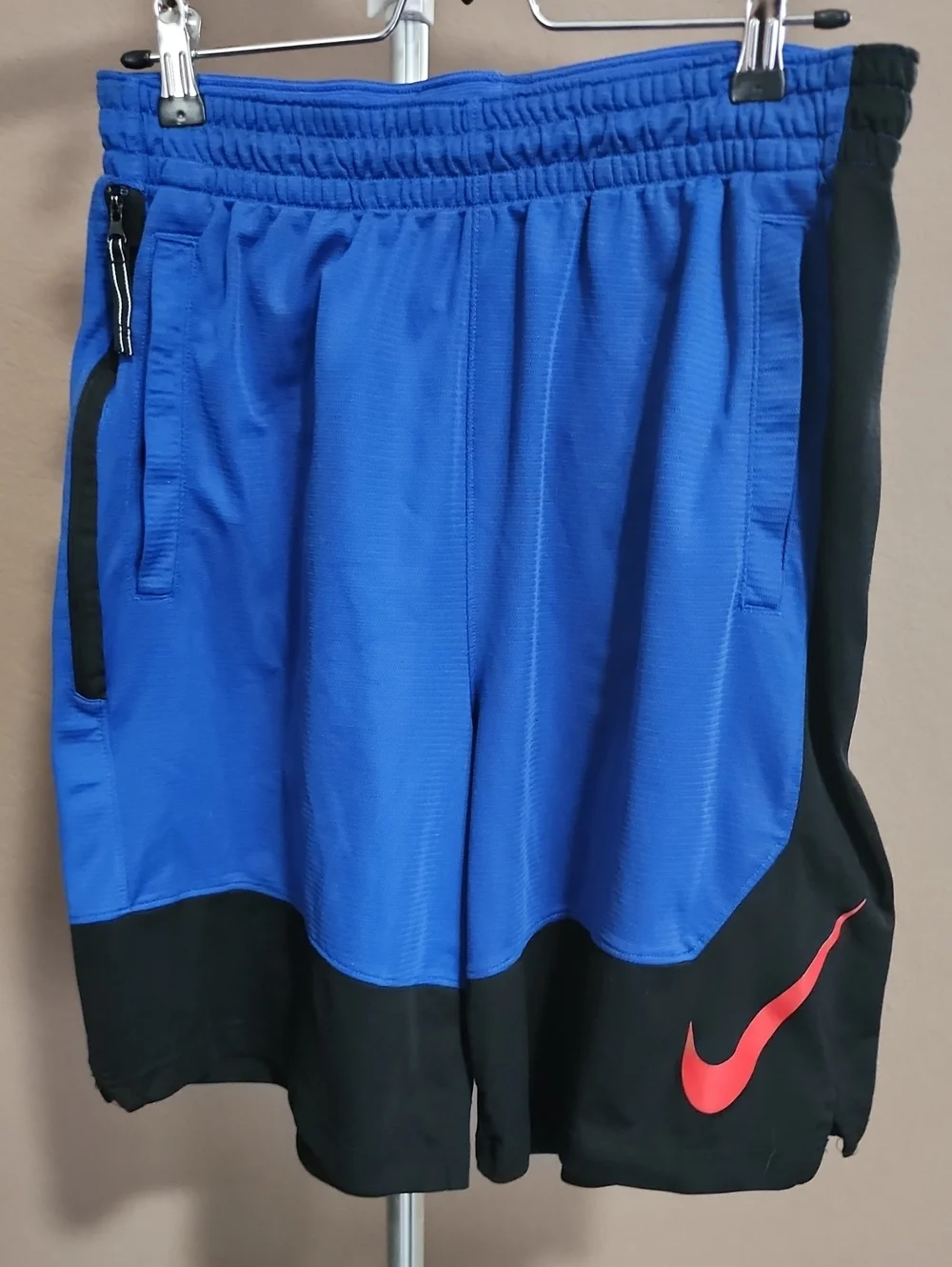 Nike Men’s Blue and Black Athletic Shorts with Red Swoosh